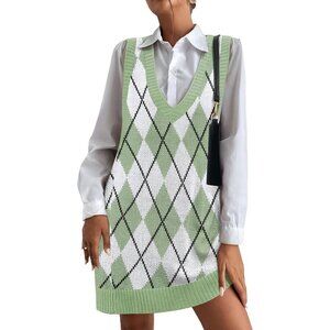 🆕Hotouch Womens Green Argyle V Neck Sleeveless Knitwear Pullover Vest Sweaters